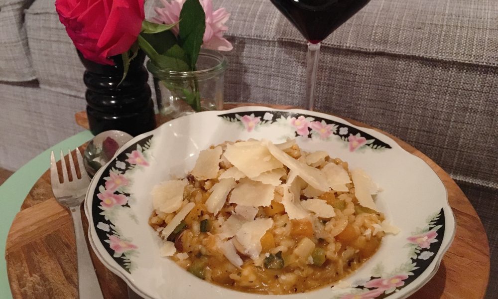 Cremet risotto med græskar, courgette og svampe