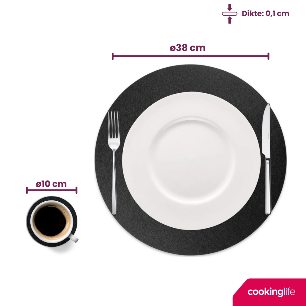 Cookinglife 6 Placemats + 6 Underlag - Rund - Vegansk læder - Sort