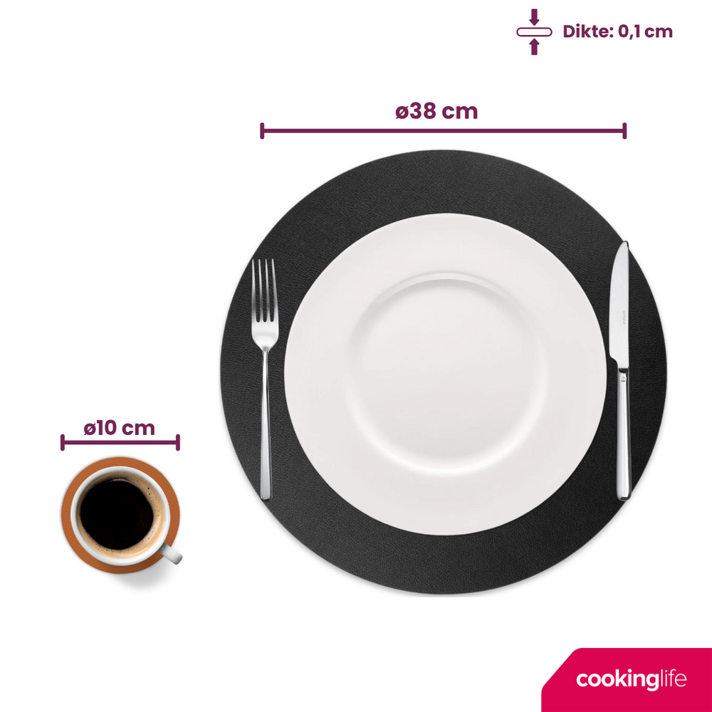 Cookinglife 6 Placemats + 6 Underlag - Dobbelt så meget - Rund - Vegansk læder - Sort / Cognac