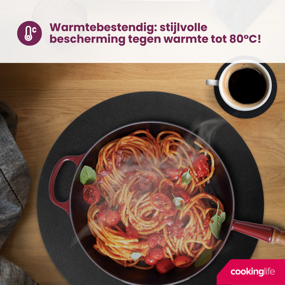 Cookinglife 6 Placemats + 6 Underlag - Rund - Vegansk læder - Sort