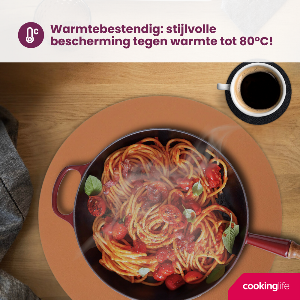 Cookinglife 6 Placemats + 6 Underlag - Dobbelt så meget - Rund - Vegansk læder - Sort / Cognac