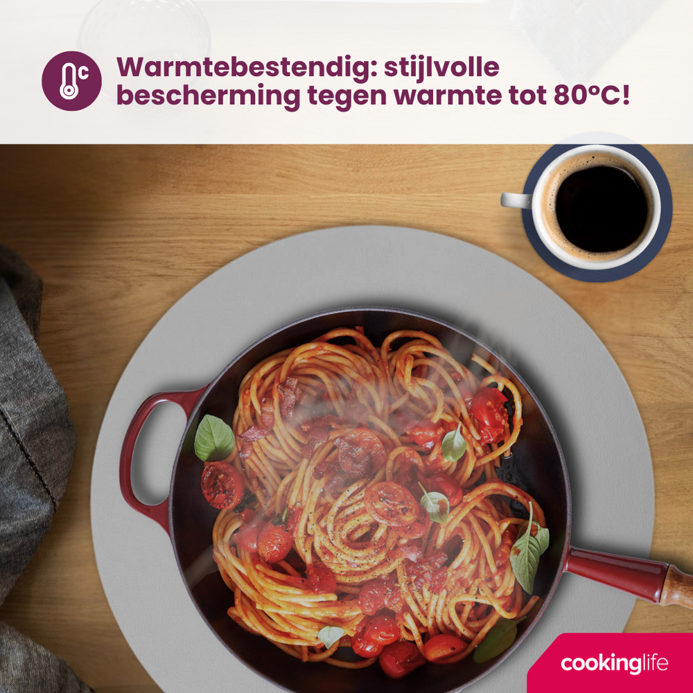 Cookinglife 6 Placemats + 6 Underlag - Dobbelt så meget - Rund - Vegansk læder - Blå / Grå