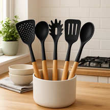 Cookinglife Køkkenredskabs sæt - Kogegrej sæt - træ sort 5 dele - Skumspade, suppeske, spaghettiske, bagepalet & serveringsske