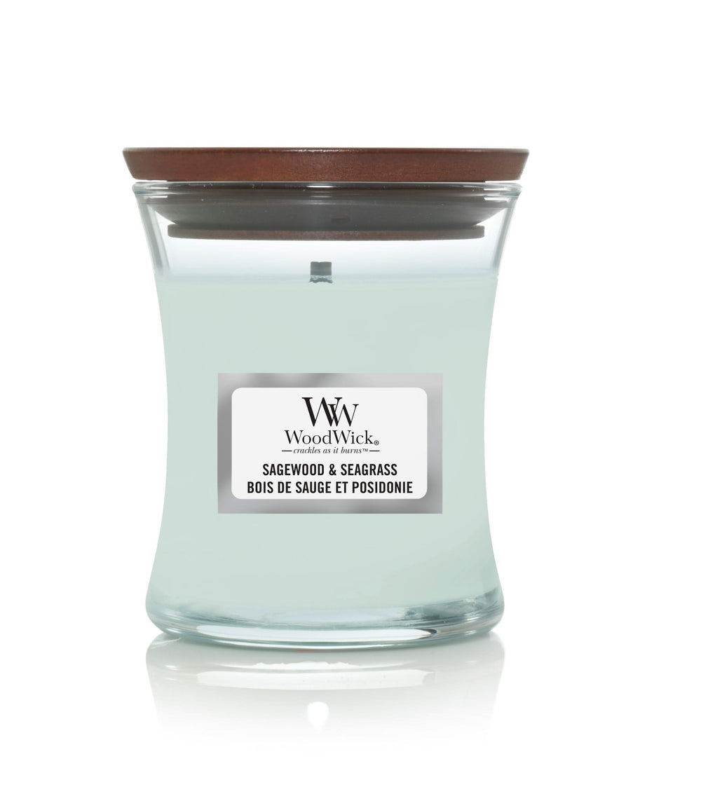 WoodWick Geurkaars Mini Sagewood & Seagrass - 8 cm / ø 7 cm - Geurkaars i Glas - Houten Lont
