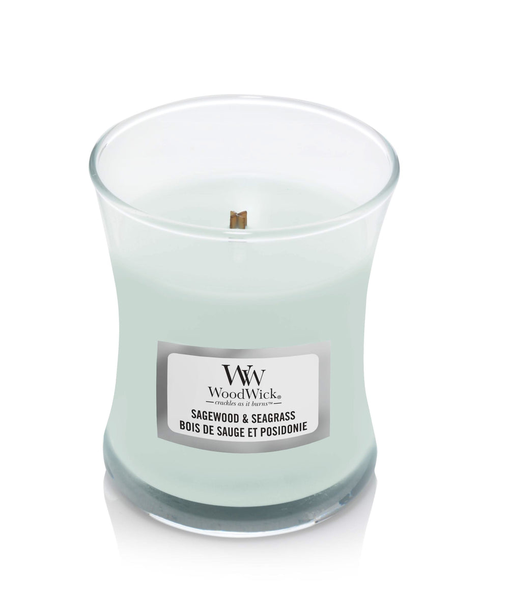 WoodWick Geurkaars Mini Sagewood & Seagrass - 8 cm / ø 7 cm - Geurkaars i Glas - Houten Lont