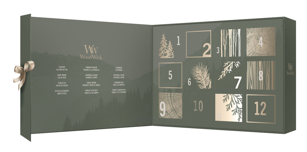 WoodWick Julekalender 12 Days of Fragrance - 12 Styk - Duftlys i Glas - Trævæge
