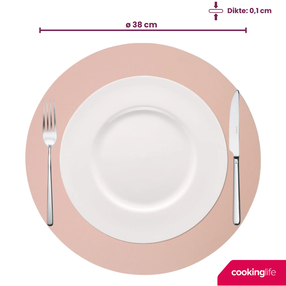 Cookinglife Placemats - Dobbelt så meget - Vegansk læder - Grå / Rosa ø 38 cm - 6 Stykker