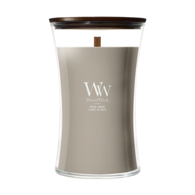 WoodWick Duftlys Large Wood Smoke - 18 cm / ø 10 cm - Duftlys i Glas - Trævæge