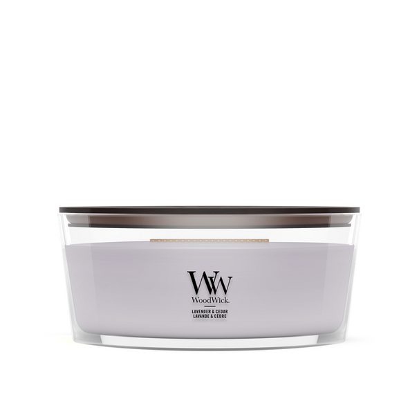 WoodWick Duftlys Ellipse Lavendel & Ceder - 9 cm / 19 cm - Duftlys i Glas - Trævæge