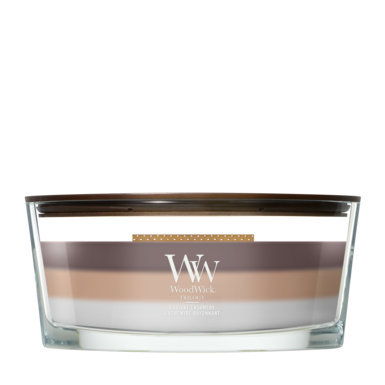 WoodWick Duftlys Ellipse Trilogy Radiant Cashmere - 9 cm / 19 cm - Duftlys i Glas - Trævæge