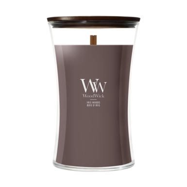 WoodWick Duftlys Large Iris Woods - 18 cm / ø 10 cm - Duftlys i Glas - Trævæge