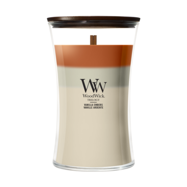 WoodWick Duftlys Large Trilogy Vanilla Embers - 18 cm / ø 10 cm - Duftlys i Glas - Trævæge