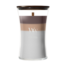 WoodWick Duftlys Large Trilogy Radiant Cashmere - 18 cm / ø 10 cm - Duftlys i Glas - Trævæge