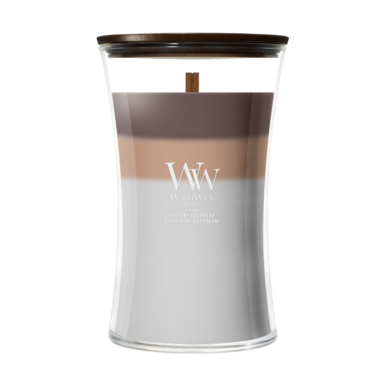 WoodWick Duftlys Large Trilogy Radiant Cashmere - 18 cm / ø 10 cm - Duftlys i Glas - Trævæge
