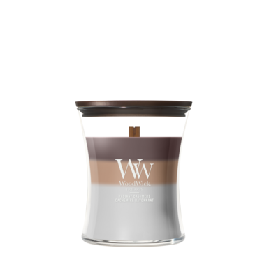 WoodWick Duftlys Medium Trilogy Radiant Cashmere - 11 cm / ø 10 cm - Duftlys i Glas - Trævæge