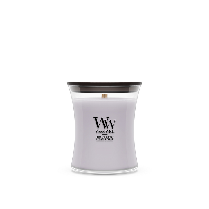 WoodWick Duftlys Medium Lavendel & Ceder - 11 cm / ø 10 cm - Duftlys i Glas - Trævæge