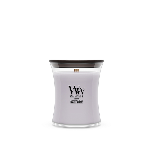 WoodWick Duftlys Medium Lavendel & Ceder - 11 cm / ø 10 cm - Duftlys i Glas - Trævæge