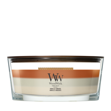 WoodWick Duftlys Ellipse Trilogy Vanilla Embers - 9 cm / 19 cm - Duftlys i Glas - Trævæge