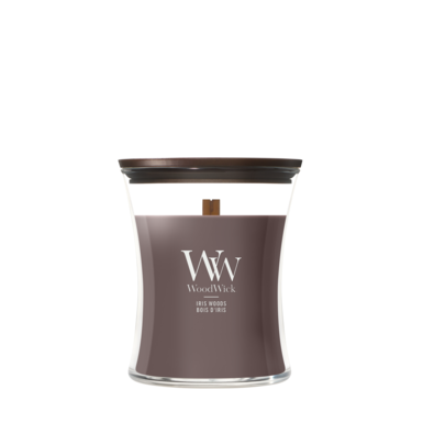 WoodWick Duftlys Medium Iris Woods - 11 cm / ø 10 cm - Duftlys i Glas - Trævæge