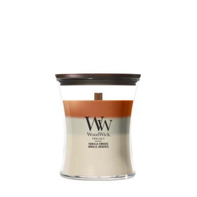 WoodWick Duftlys Medium Trilogy Vanilla Embers - 11 cm / ø 10 cm - Duftlys i Glas - Trævæge