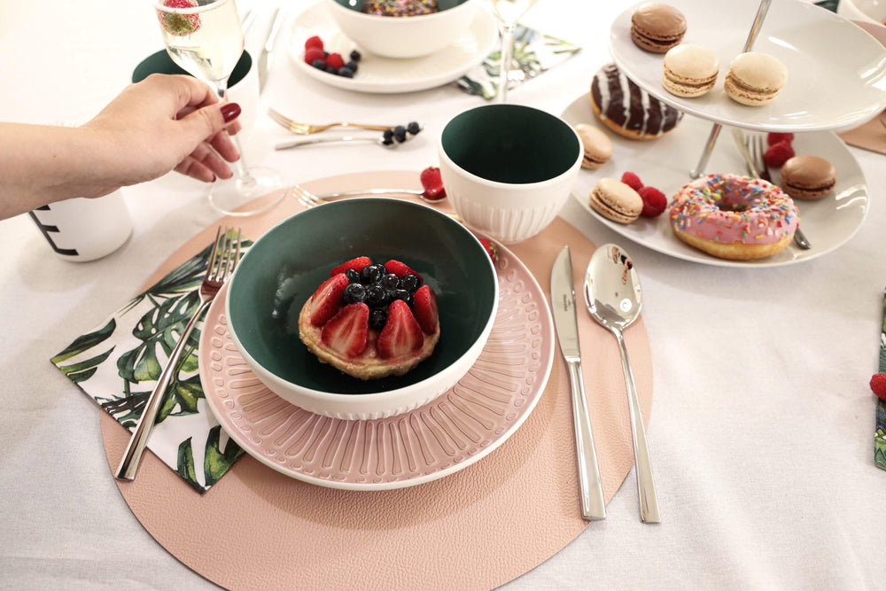 Cookinglife Placemats - Dobbelt så meget - Vegansk læder - Grå / Rosa ø 38 cm - 6 Stykker