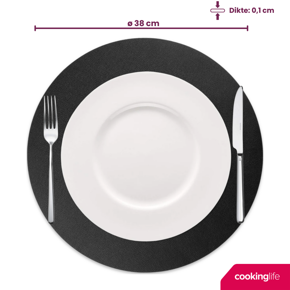 Cookinglife Placemats - Dobbelt så meget - Vegansk læder - Cognac / Sort ø 38 cm - 6 Stykker