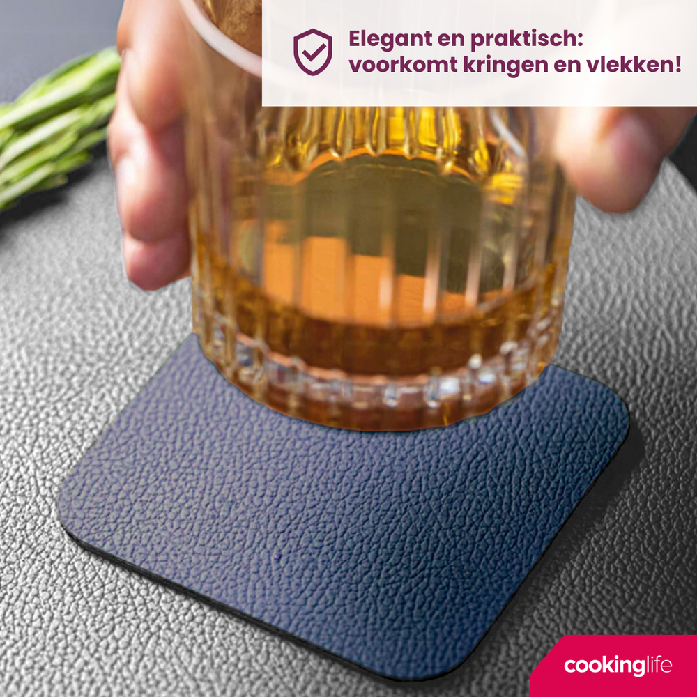 Cookinglife 6 Placemats + 6 Underlag - Dobbelt så meget - Vegansk læder - Blå / Grå