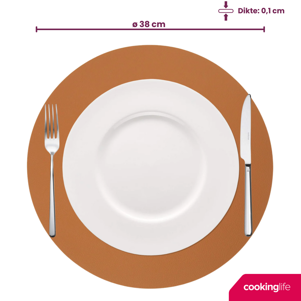 Cookinglife Placemats - Dobbelt så meget - Vegansk læder - Cognac / Sort ø 38 cm - 6 Stykker