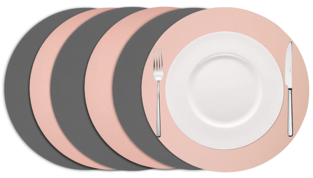 Cookinglife Placemats - Dobbelt så meget - Vegansk læder - Grå / Rosa ø 38 cm - 6 Stykker