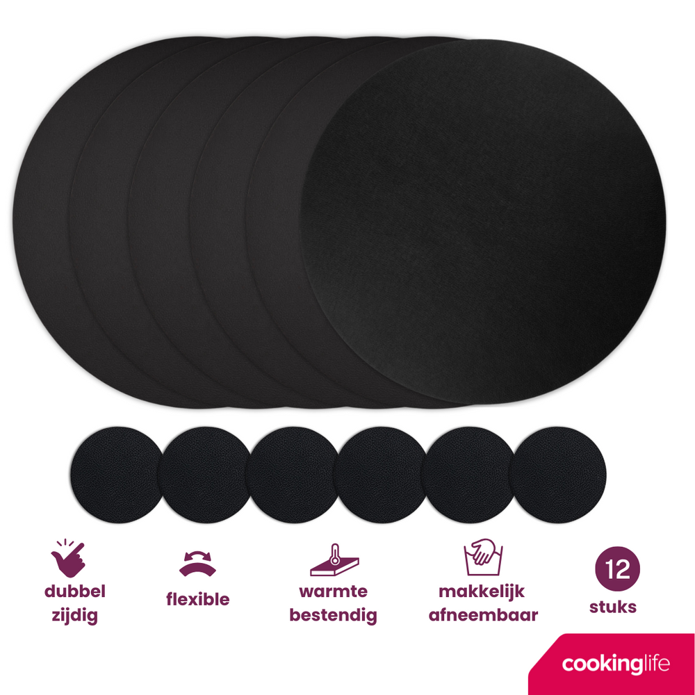 Cookinglife 6 Placemats + 6 Underlag - Rund - Vegansk læder - Sort