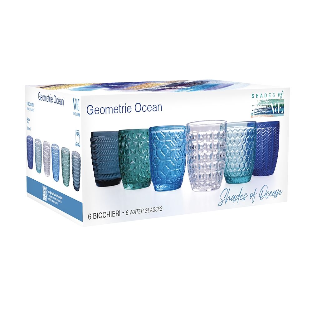 Villa d'Este Home Vandglas Geometrie Ocean - Blå - 350 ml - 6 stk.