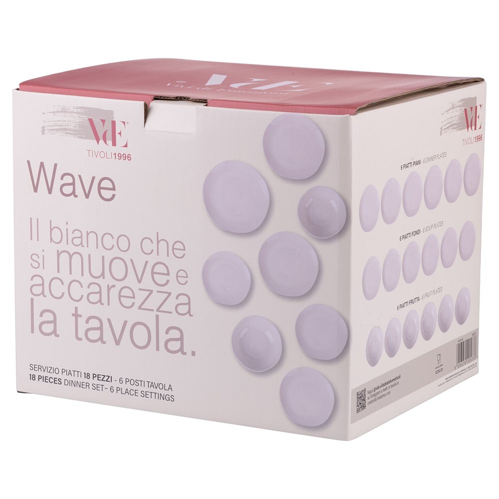 Villa d'Este Home Serviesset Wave Hvid Porcelæn 18-delt / 6 personer - 6 middagstallerkener, 6 morgenmadstallerkener og 6 dybe tallerkener