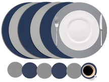 Cookinglife 6 Placemats + 6 Underlag - Dobbelt så meget - Rund - Vegansk læder - Blå / Grå
