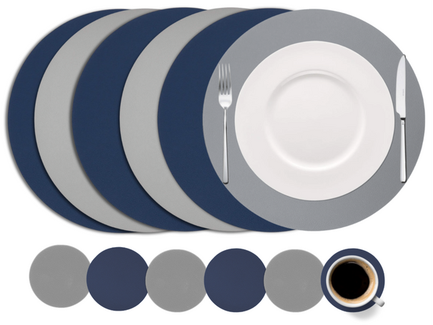 Cookinglife 6 Placemats + 6 Underlag - Dobbelt så meget - Rund - Vegansk læder - Blå / Grå