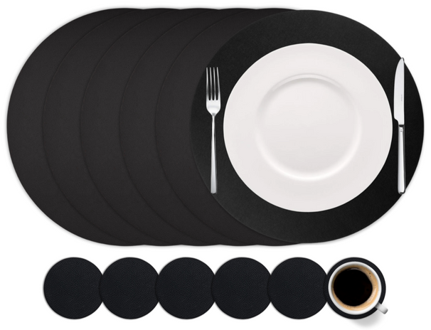 Cookinglife 6 Placemats + 6 Underlag - Rund - Vegansk læder - Sort