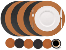 Cookinglife 6 Placemats + 6 Underlag - Dobbelt så meget - Rund - Vegansk læder - Sort / Cognac