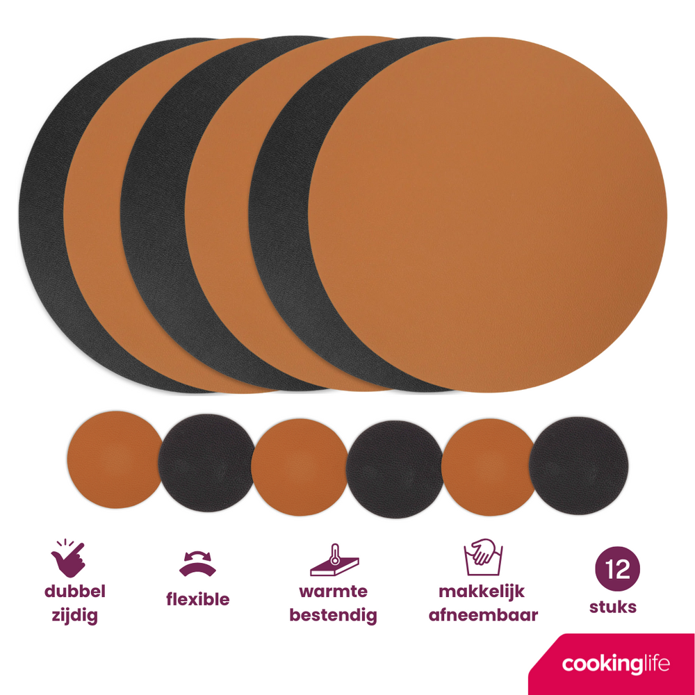 Cookinglife 6 Placemats + 6 Underlag - Dobbelt så meget - Rund - Vegansk læder - Sort / Cognac