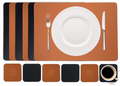 Cookinglife 6 Placemats + 6 Underlag - Dobbelt så meget - Vegansk læder - Sort / Cognac