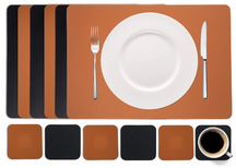Cookinglife 6 Placemats + 6 Underlag - Dobbelt så meget - Vegansk læder - Sort / Cognac