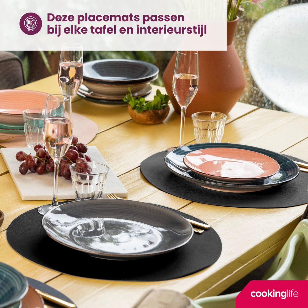 Cookinglife Placemats - Vegan læder - Sort - ø 38 cm - 6 stk.