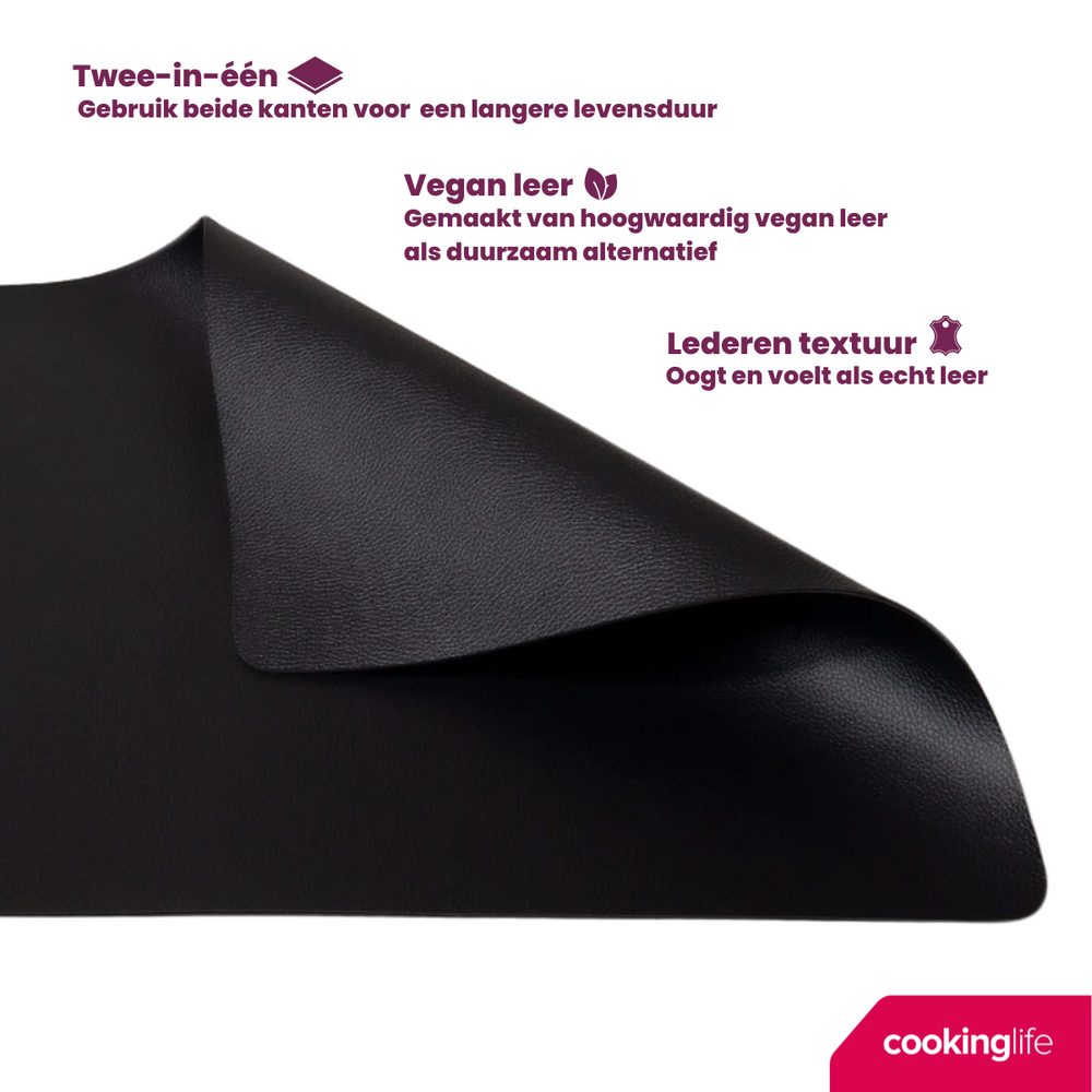 Cookinglife Placemats - Vegan læder - Sort - 46 x 33 cm - 6 stk.