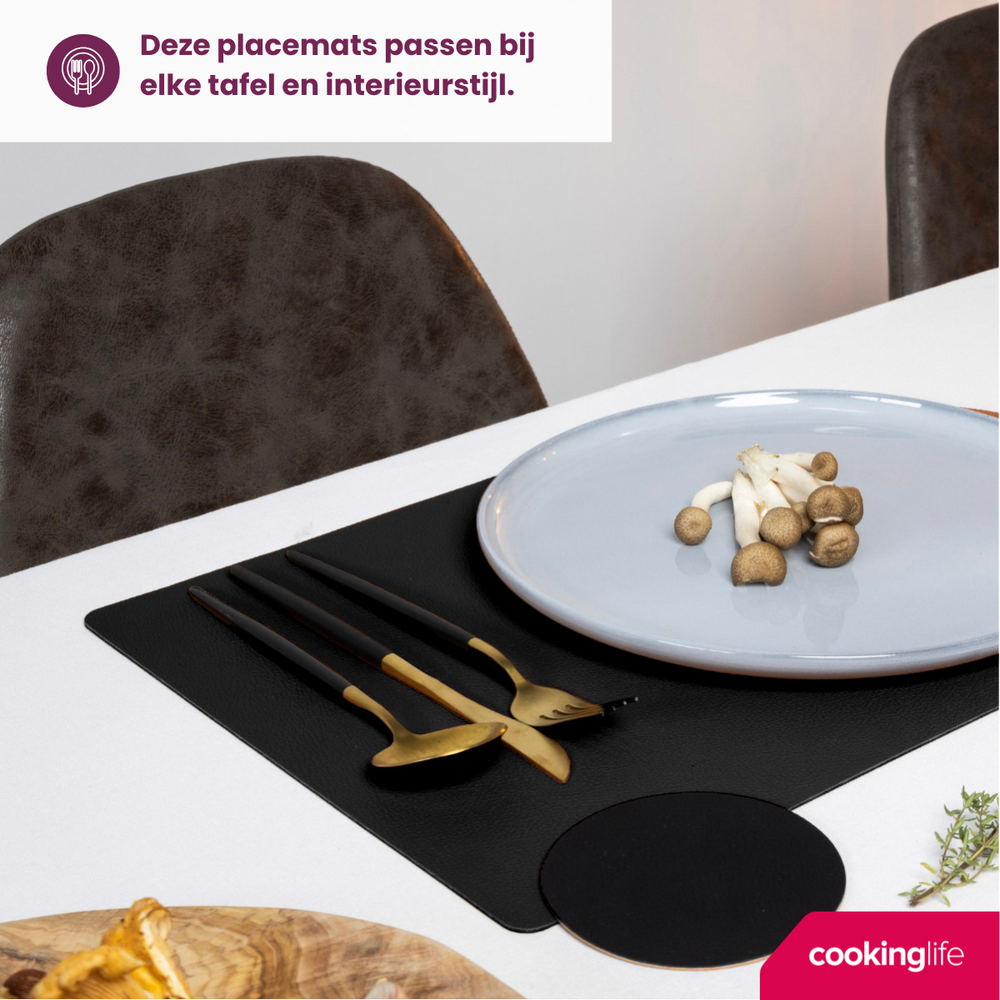 Cookinglife Placemats - Vegan læder - Sort - 46 x 33 cm - 6 stk.