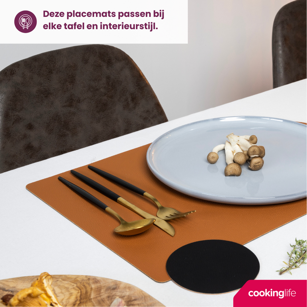 Cookinglife Placemats - Dobbelt så meget - Vegansk læder - Cognac / Sort 46 x 33 cm - 6 Stykker