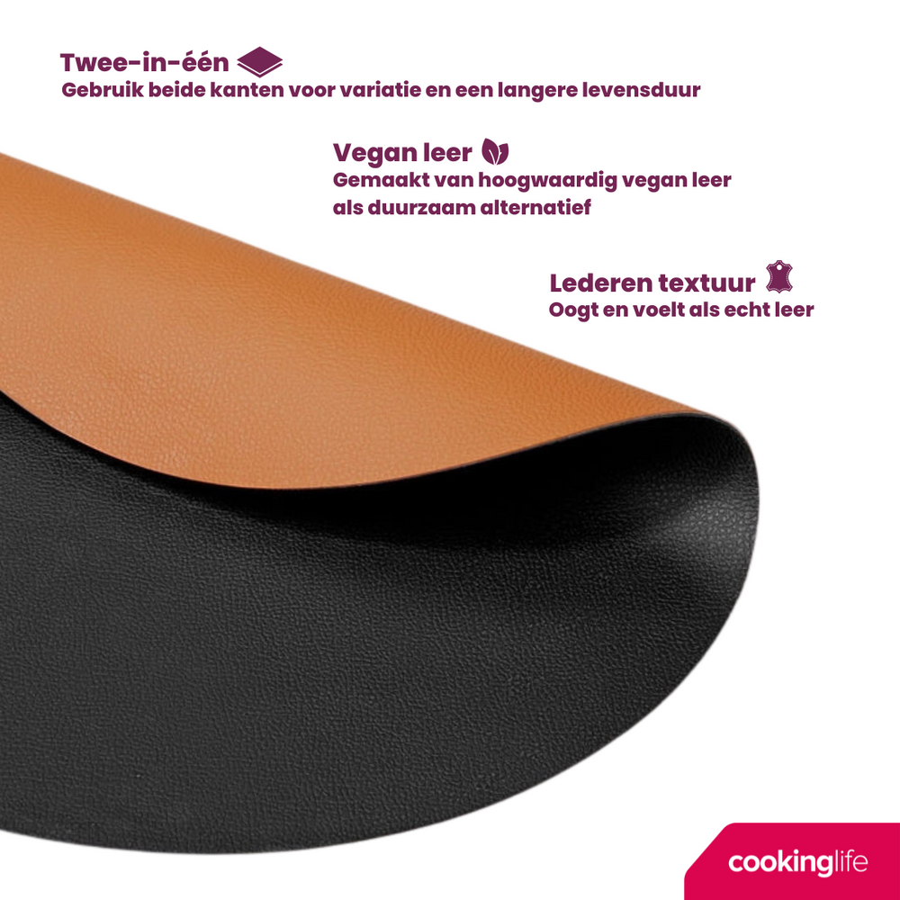 Cookinglife Placemats - Dobbelt så meget - Vegansk læder - Cognac / Sort ø 38 cm - 6 Stykker