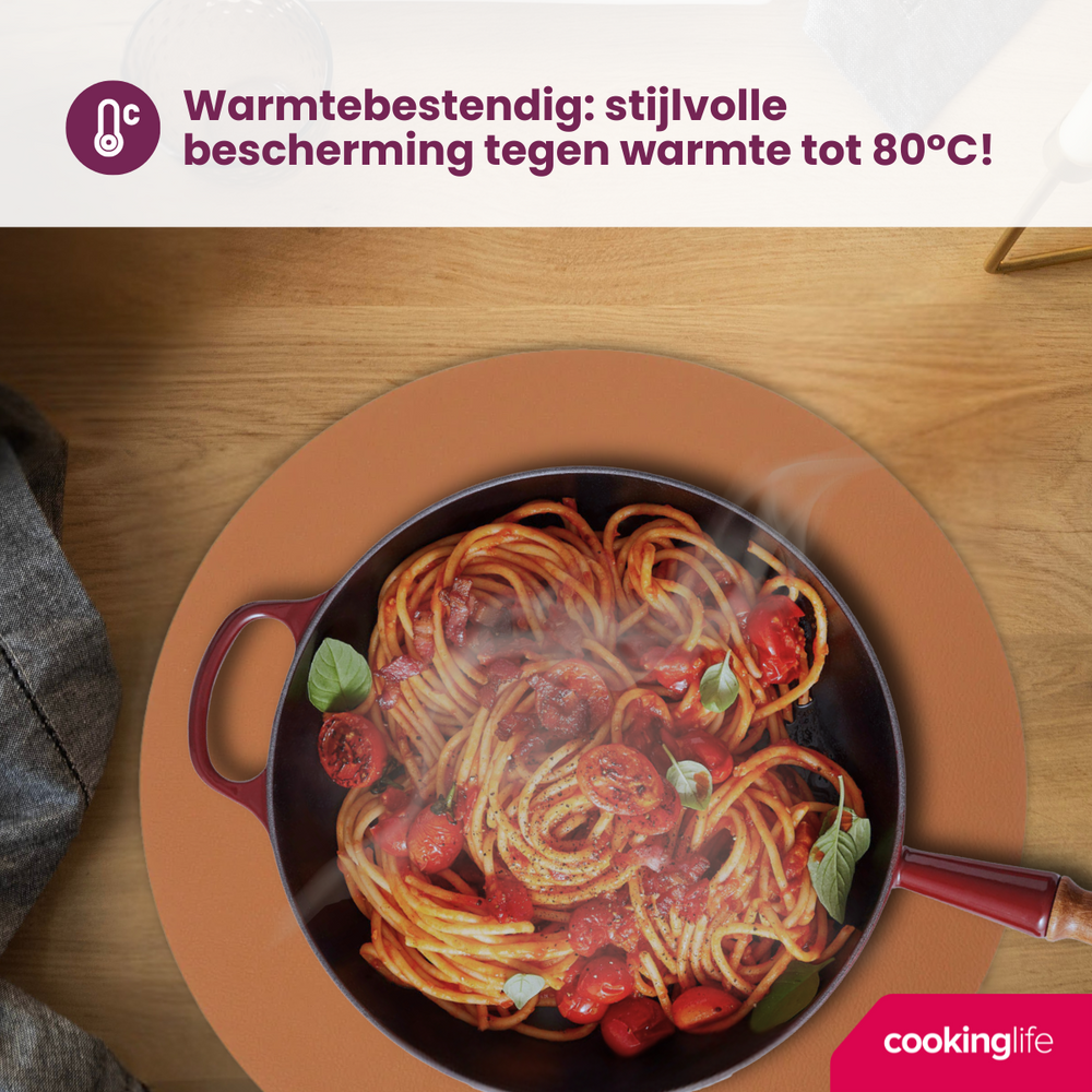 Cookinglife Placemats - Dobbelt så meget - Vegansk læder - Cognac / Sort ø 38 cm - 6 Stykker