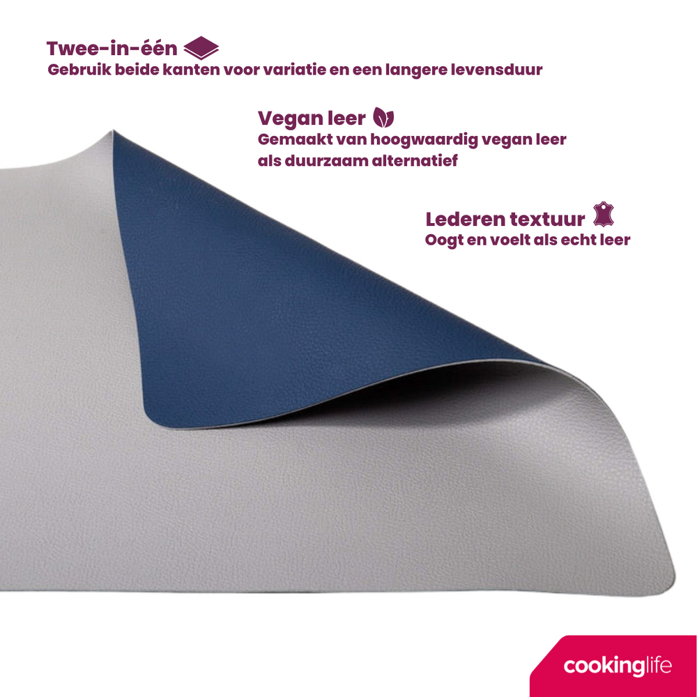 Cookinglife Placemats - Dobbelt så meget - Vegansk læder - Grå / Blå 46 x 33 cm - 6 Stykker