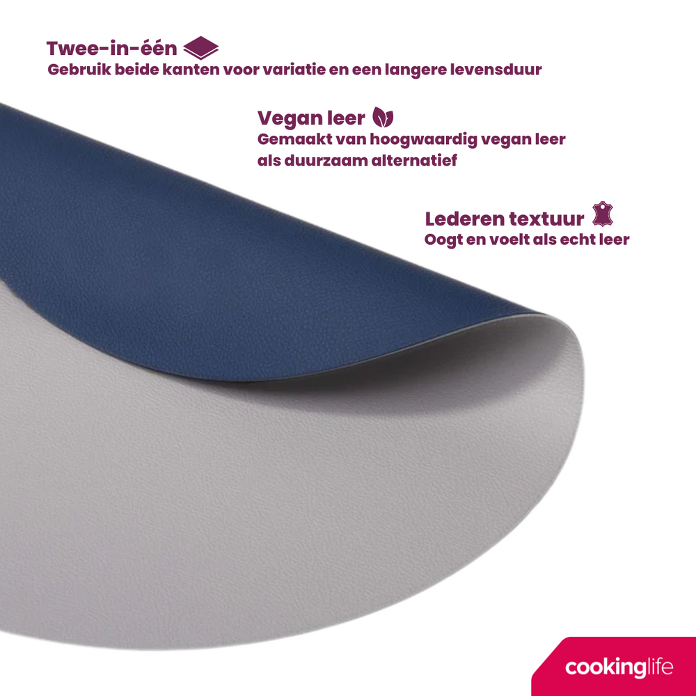 Cookinglife 6 Placemats + 6 Underlag - Dobbelt så meget - Rund - Vegansk læder - Blå / Grå