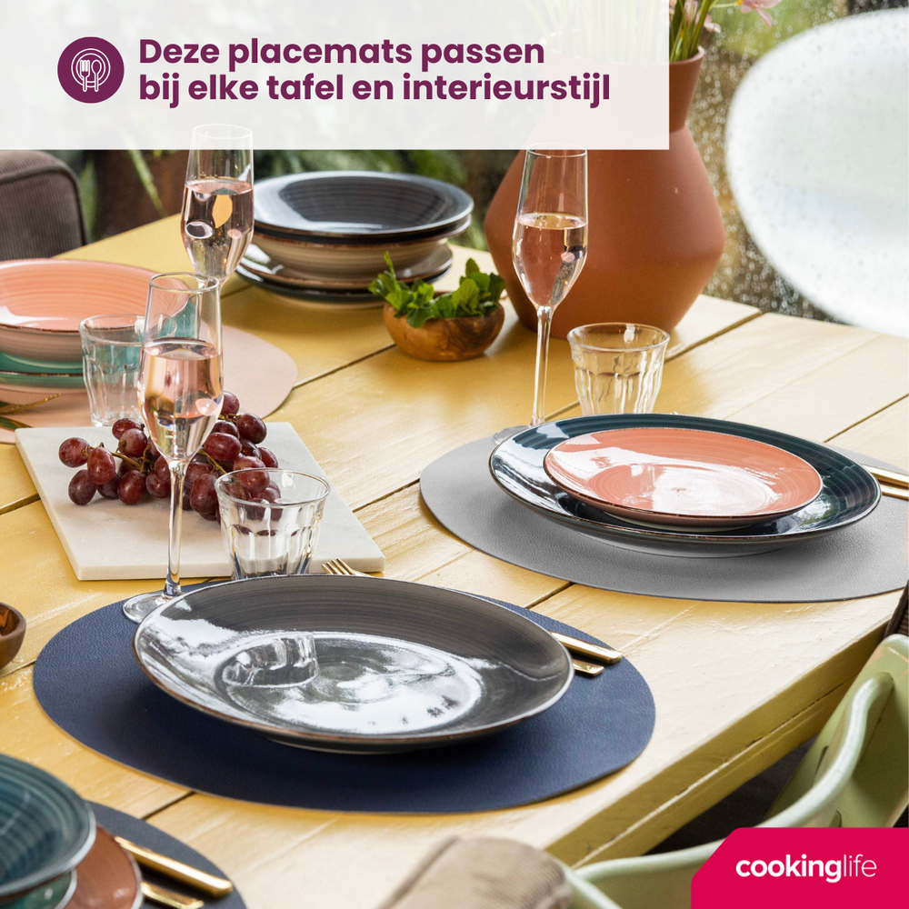 Cookinglife 6 Placemats + 6 Underlag - Dobbelt så meget - Rund - Vegansk læder - Blå / Grå