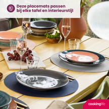 Cookinglife 6 Placemats + 6 Underlag - Dobbelt så meget - Rund - Vegansk læder - Blå / Grå