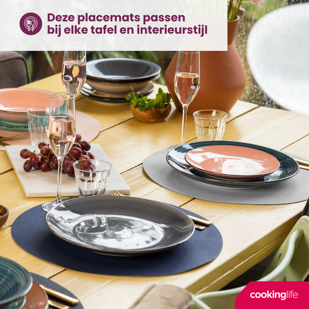 Cookinglife Placemats - Dobbelt så meget - Vegansk læder - Grå / Blå ø 38 cm - 6 Stykker